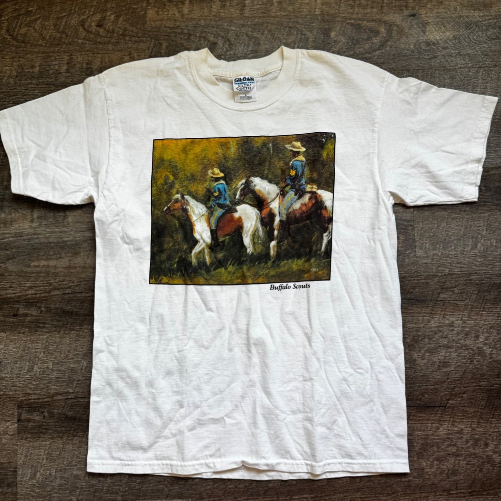 Western White Horse Art Gildan Buffalo Scouts Graphic T-Shirt Large Tee